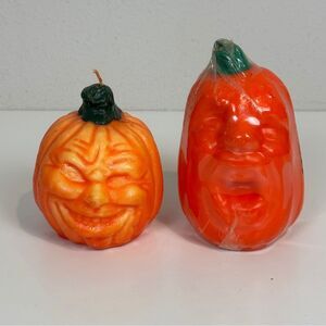 2 Vintage Anthropomorphic Pumpkin Face Candles Halloween NIP